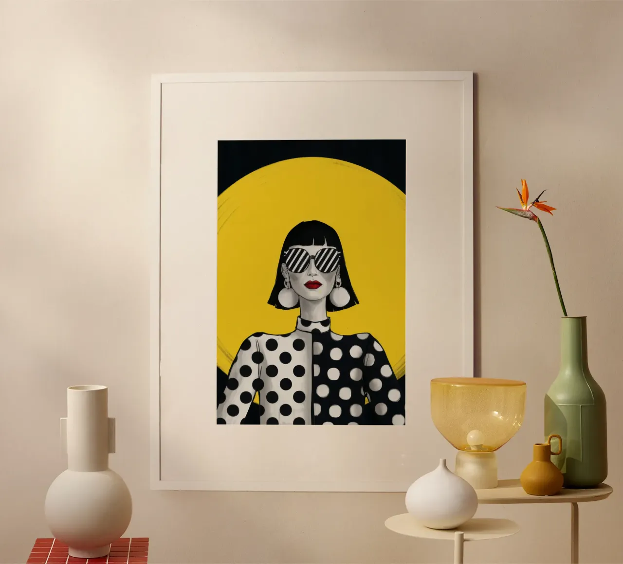 Diva retrò a pois poster con telaio in legno da Bara Suara