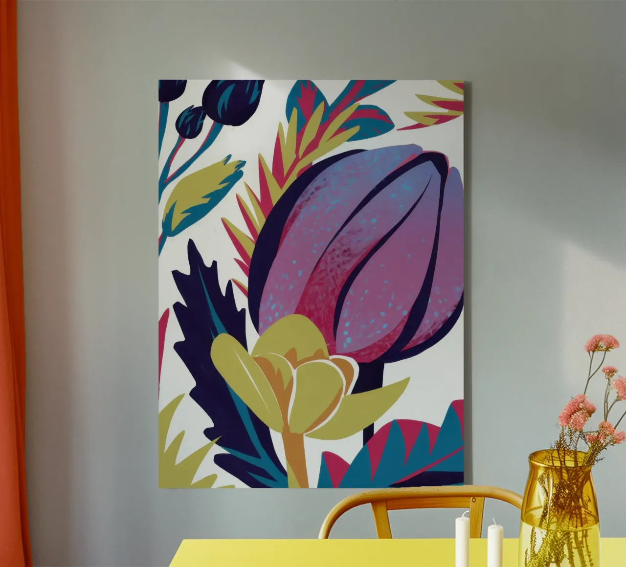 Abstracte paarse tulp canvas met Baklijst van Snow Mist