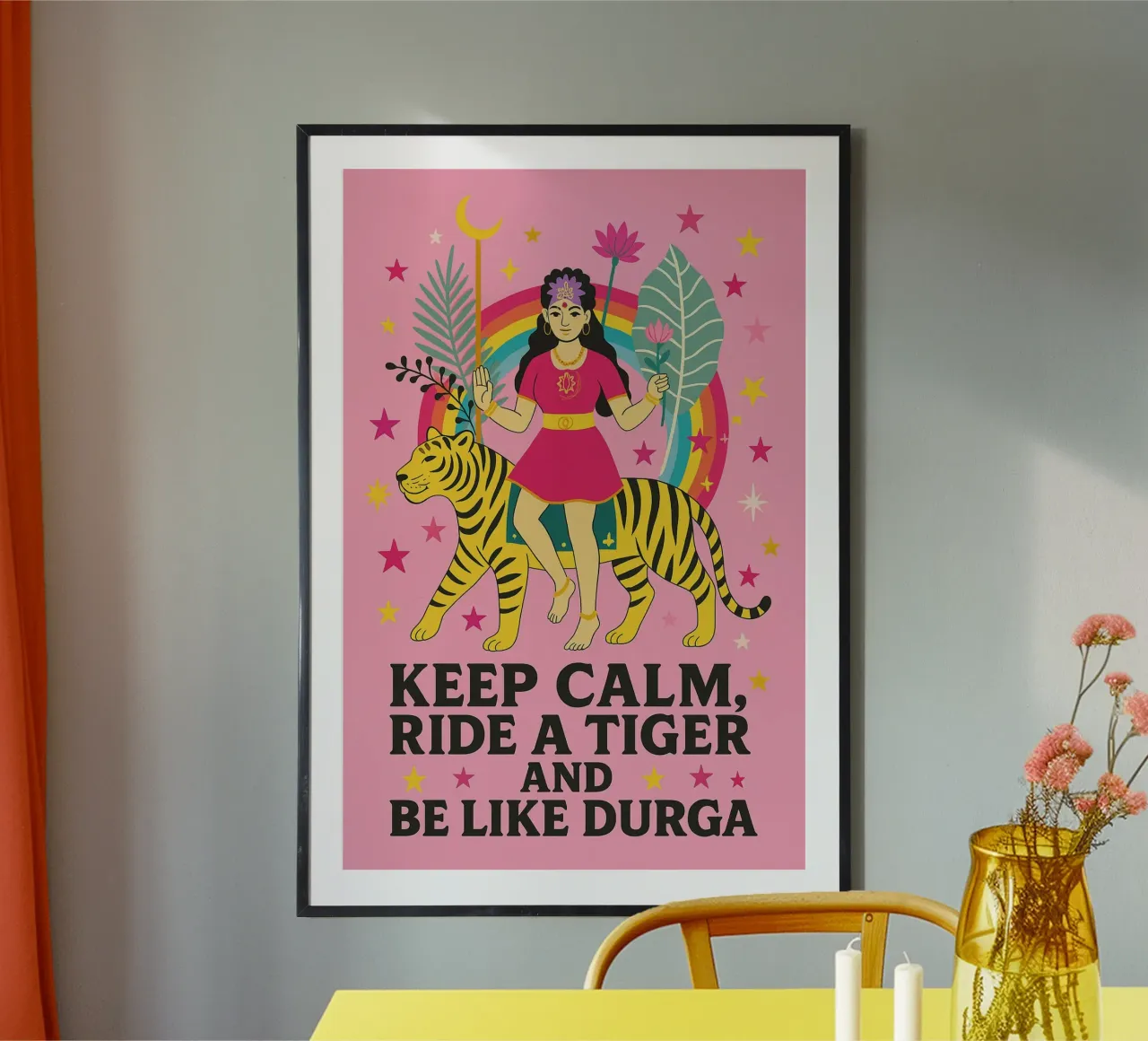 Mantenete la calma e siate come Durga poster con telaio in plastica da Taika Tori Art