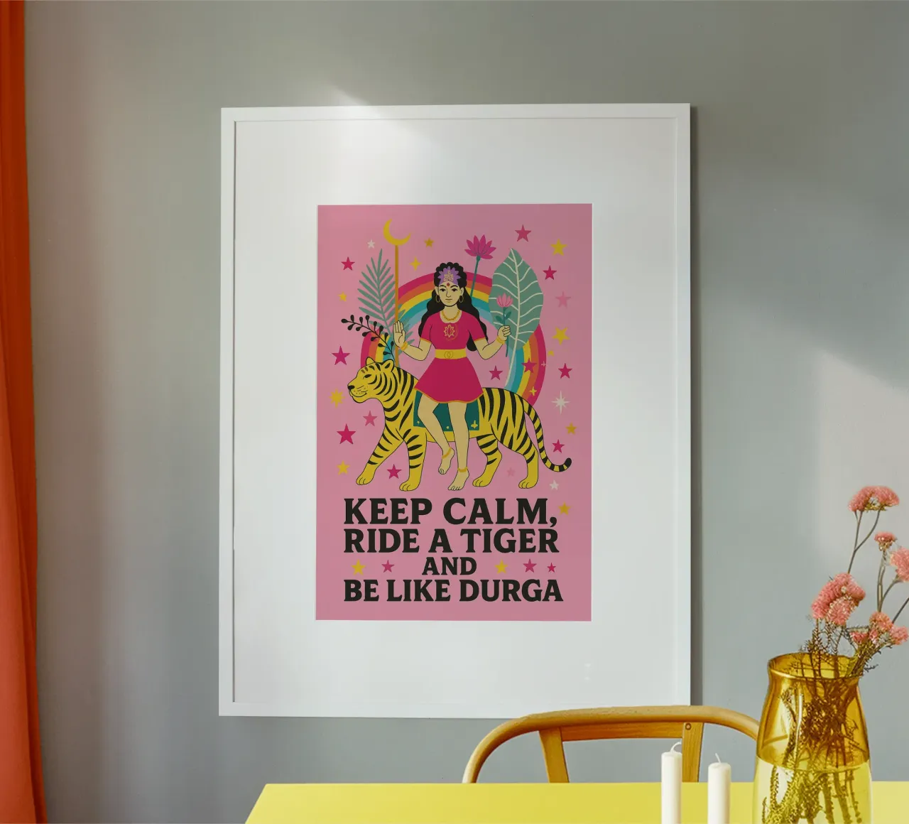 Mantenete la calma e siate come Durga poster con telaio in plastica da Taika Tori Art