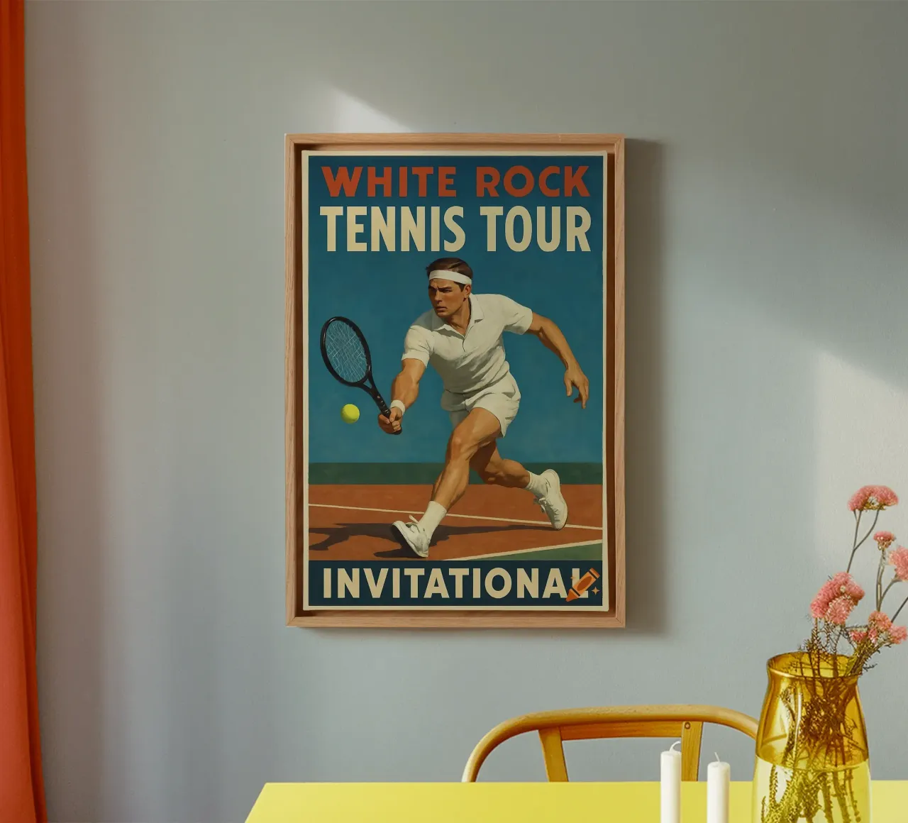 Poster d'epoca sul tennis che mostra un uomo che colpisce una palla tela con Cornice a cassetta da aijanurmine