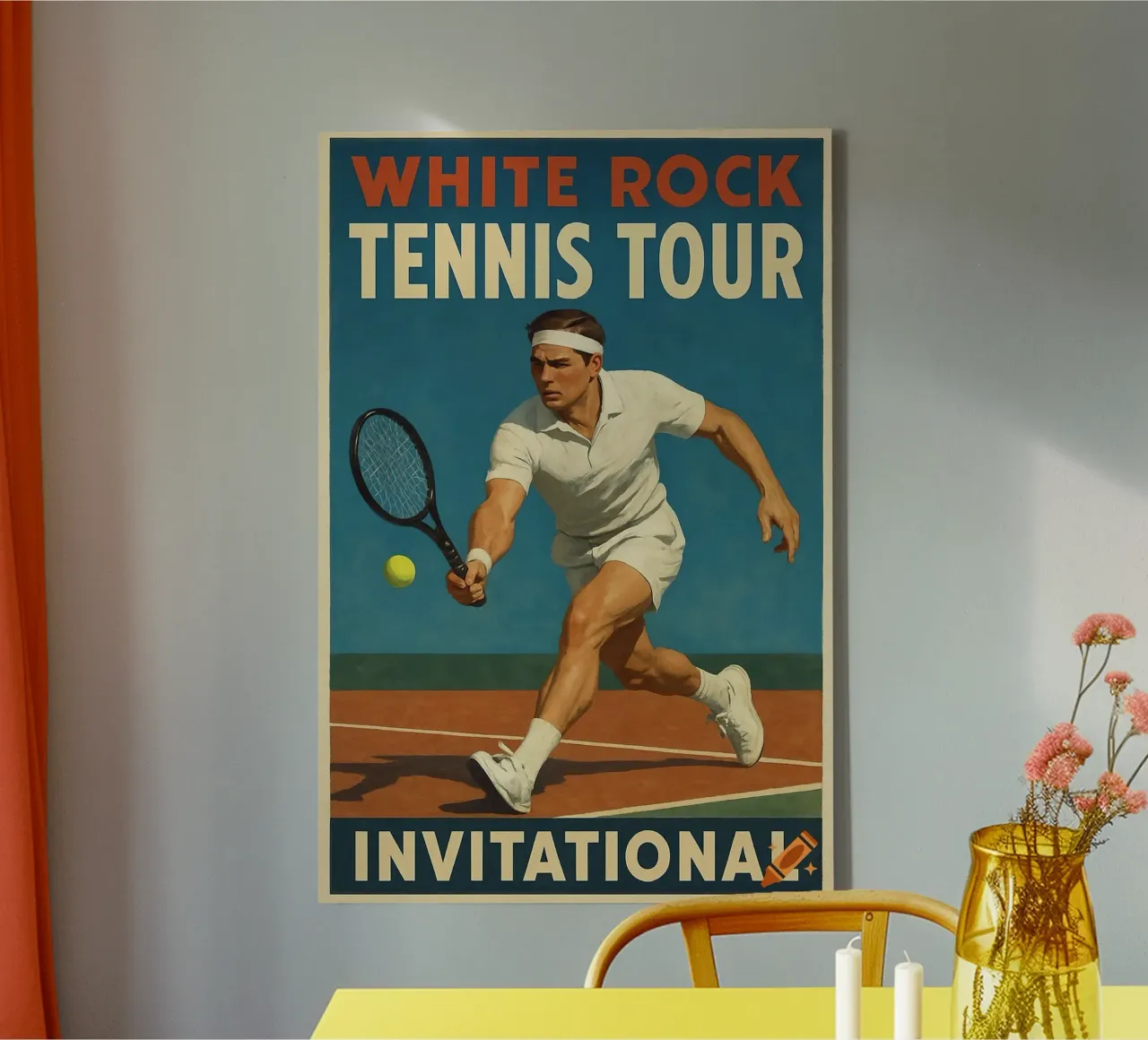 Poster d'epoca sul tennis che mostra un uomo che colpisce una palla tela con Cornice a cassetta da aijanurmine