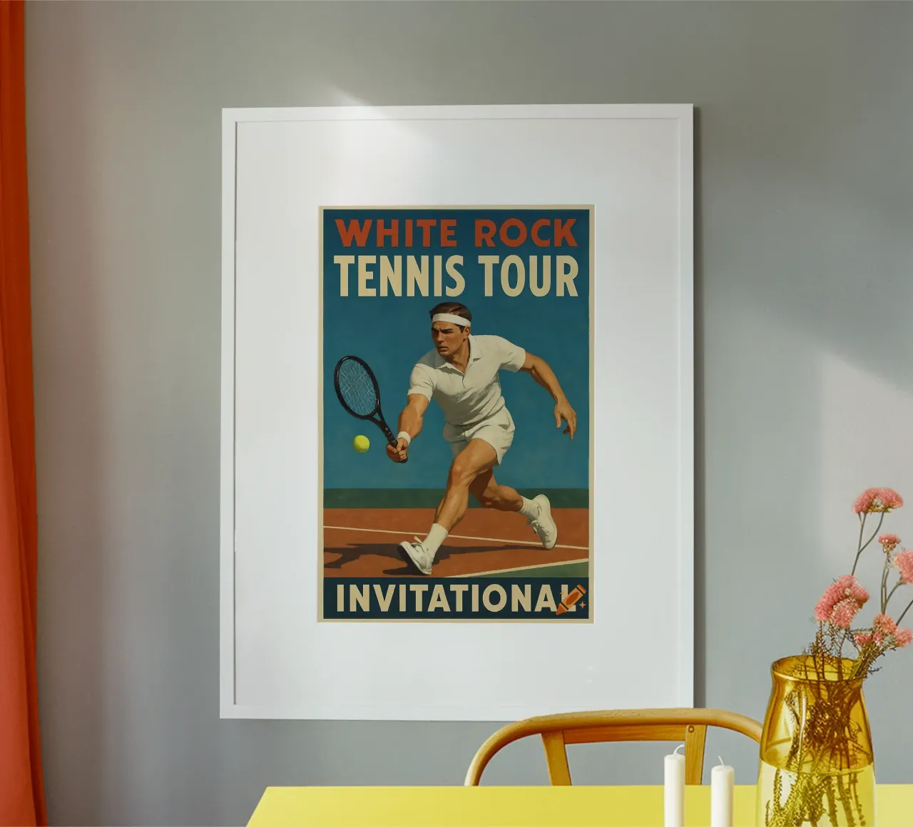 Poster d'epoca sul tennis che mostra un uomo che colpisce una palla poster con telaio in legno da aijanurmine