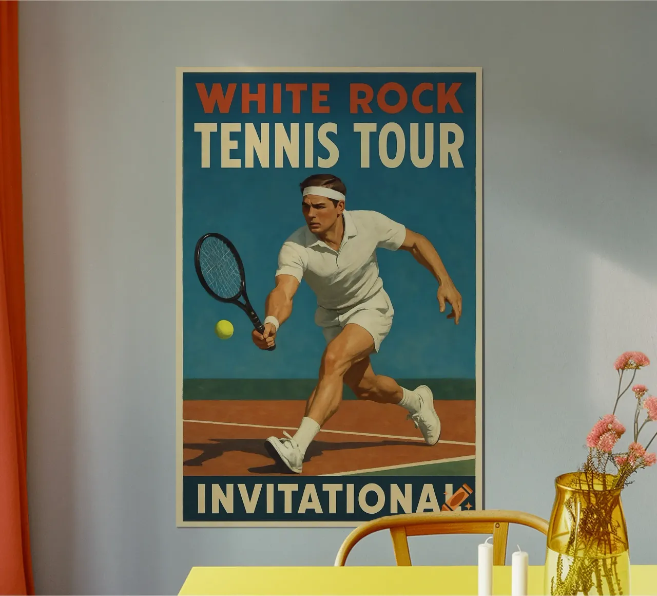 Poster d'epoca sul tennis che mostra un uomo che colpisce una palla poster con telaio in legno da aijanurmine