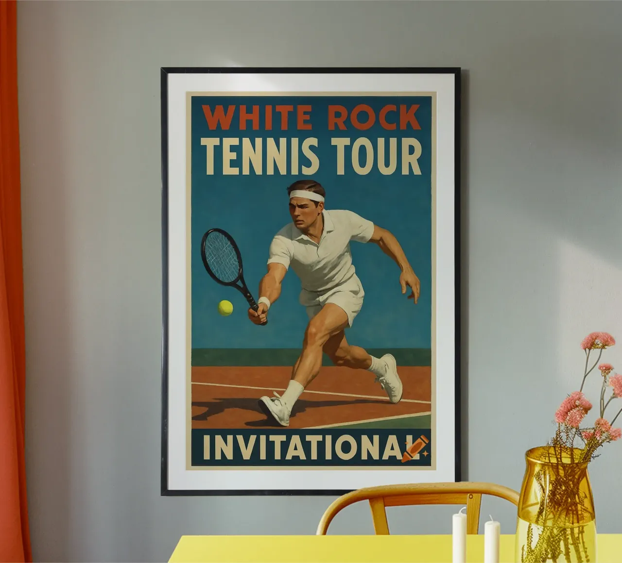 Poster d'epoca sul tennis che mostra un uomo che colpisce una palla poster con telaio in legno da aijanurmine