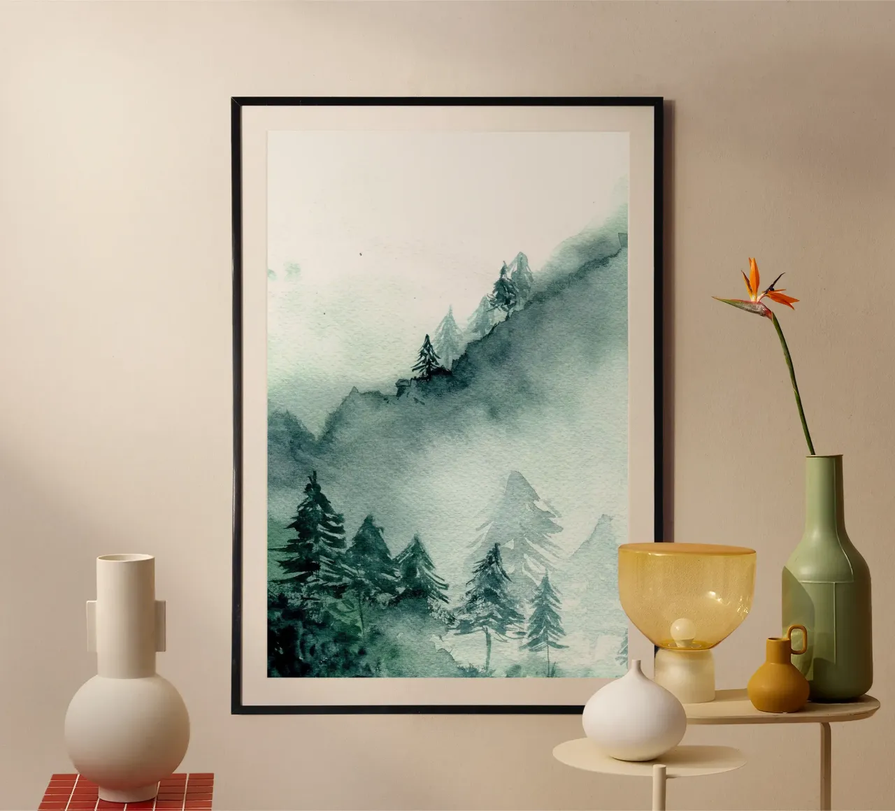 Foresta astratta in montagna poster con telaio in alluminio da June Jordan