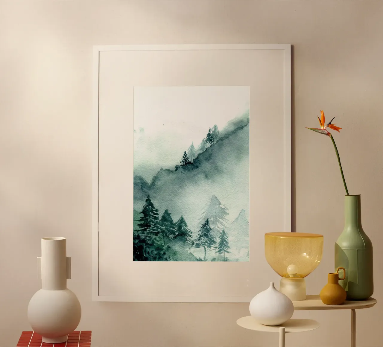 Foresta astratta in montagna poster con telaio in alluminio da June Jordan