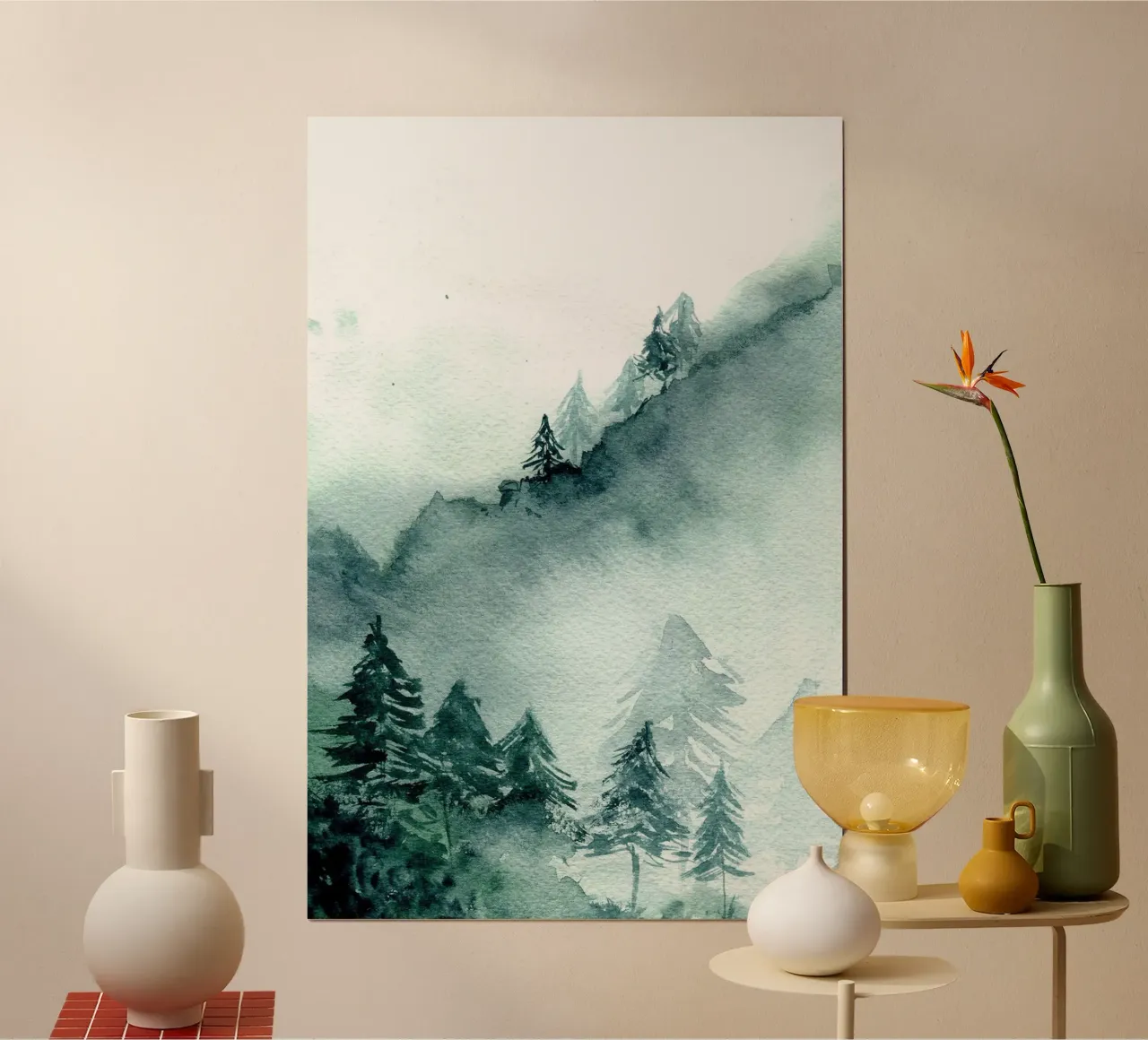 Foresta astratta in montagna poster con telaio in alluminio da June Jordan