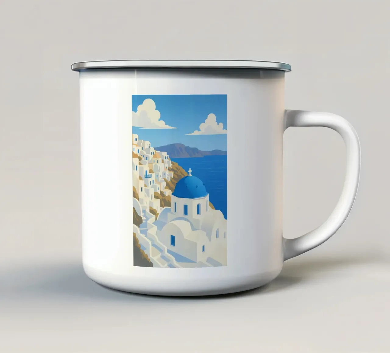 Poster Santorini - Cupole blu e Mar Egeo tazza in smalto da JETLAG | affiches voyage