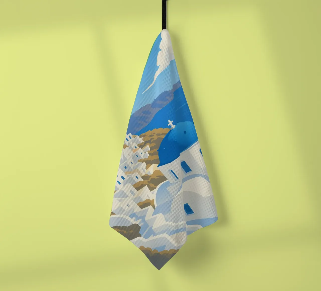 Affiche Santorin – Dômes Bleus et Mer Égéenne torchon de JETLAG | affiches voyage