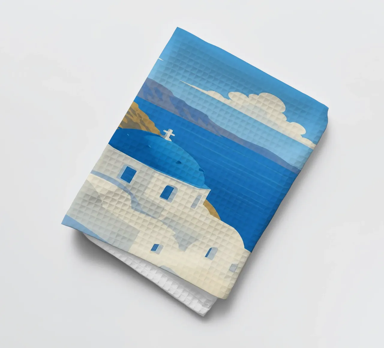 Affiche Santorin – Dômes Bleus et Mer Égéenne torchon de JETLAG | affiches voyage