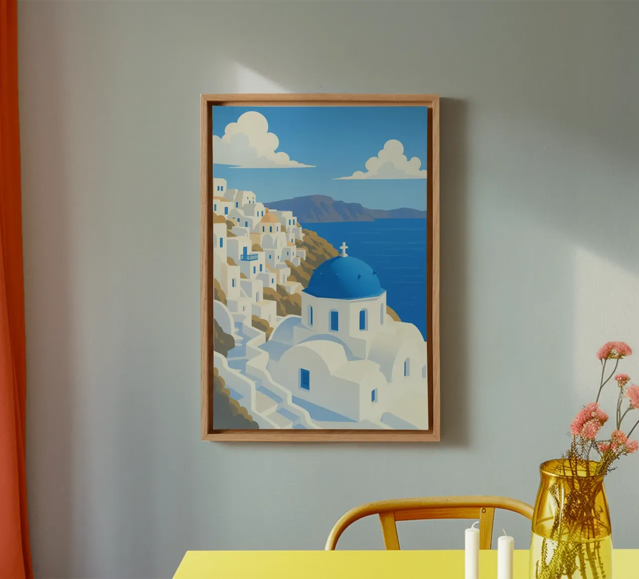 Affiche Santorin – Dômes Bleus et Mer Égéenne toile avec Caisse américaine de JETLAG | affiches voyage