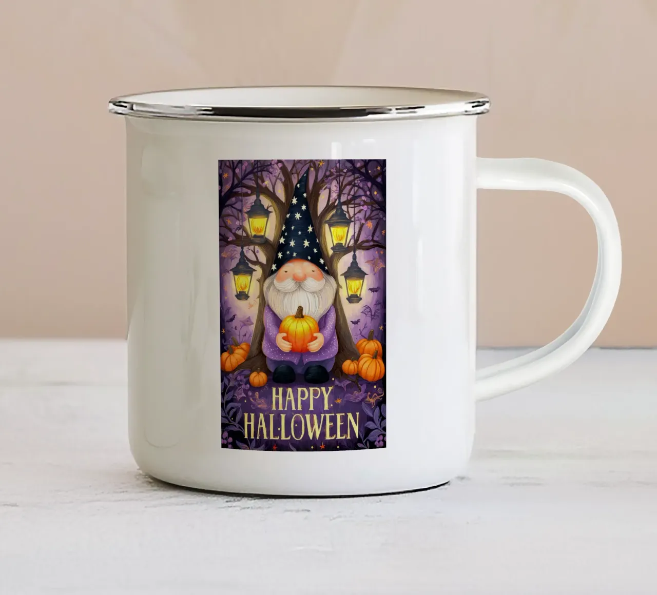 Gnomo e zucca di Halloween tazza in smalto da Fleur de Lys
