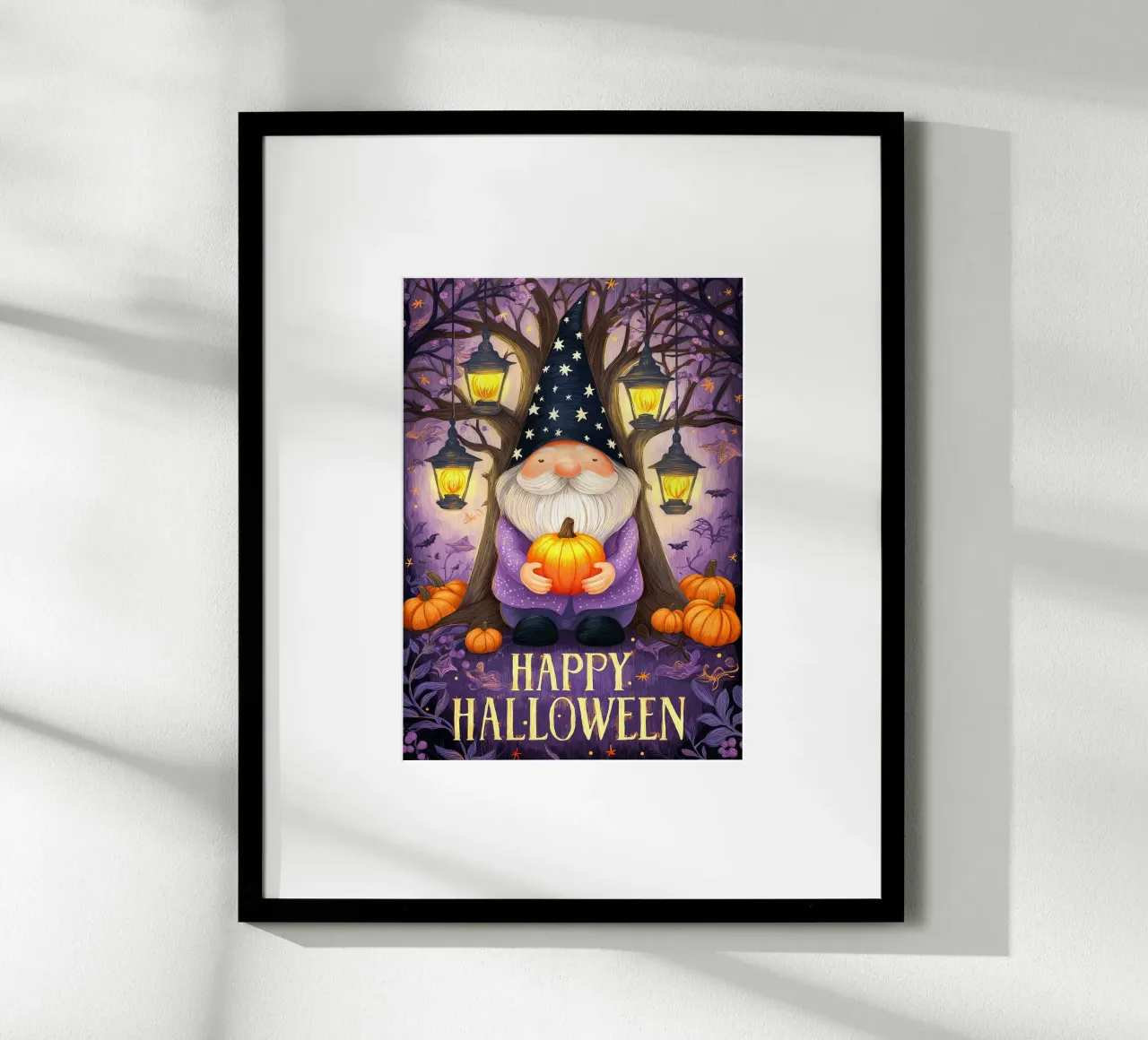 Gnomo e zucca di Halloween poster con telaio in legno da Fleur de Lys
