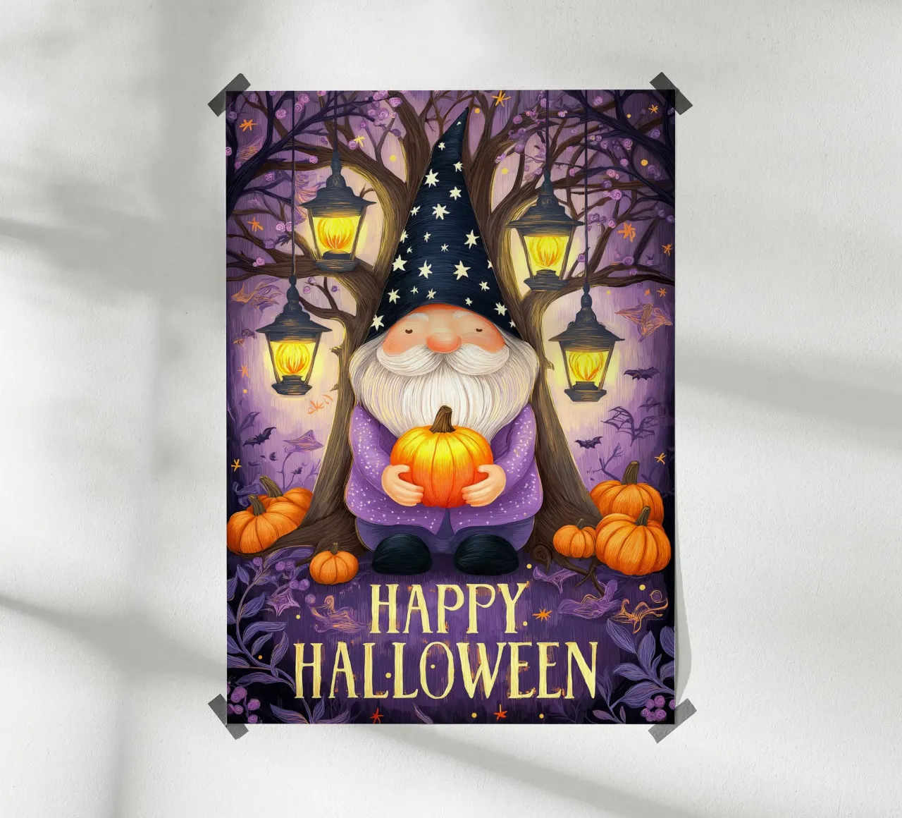 Gnomo e zucca di Halloween poster con telaio in legno da Fleur de Lys