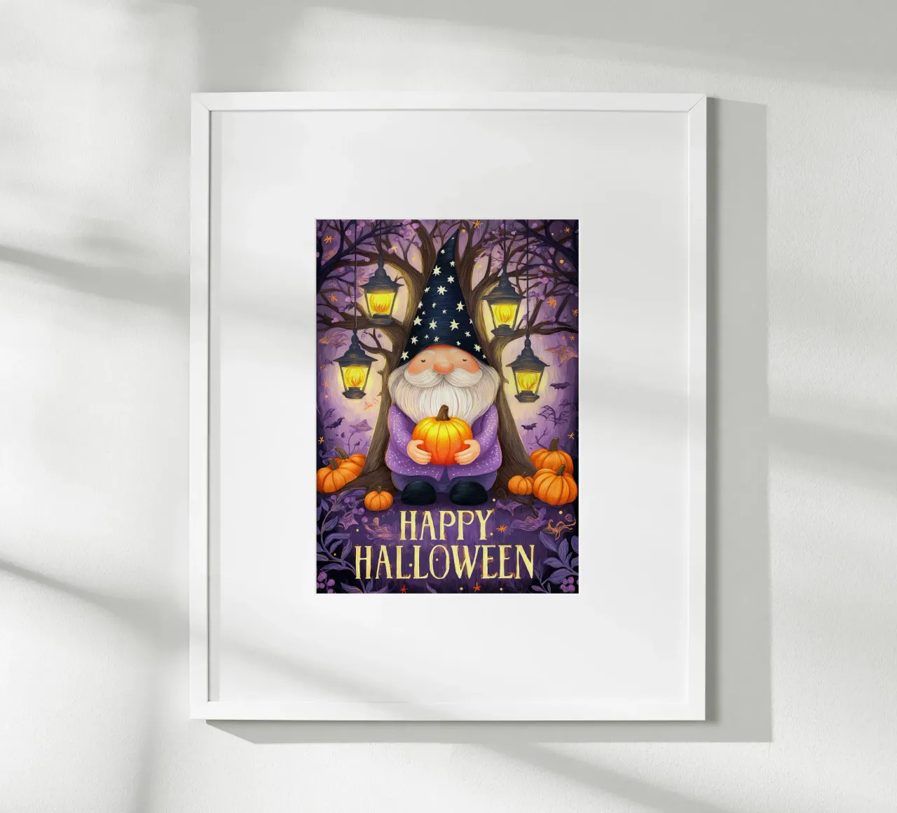 Gnomo e zucca di Halloween poster con telaio in legno da Fleur de Lys