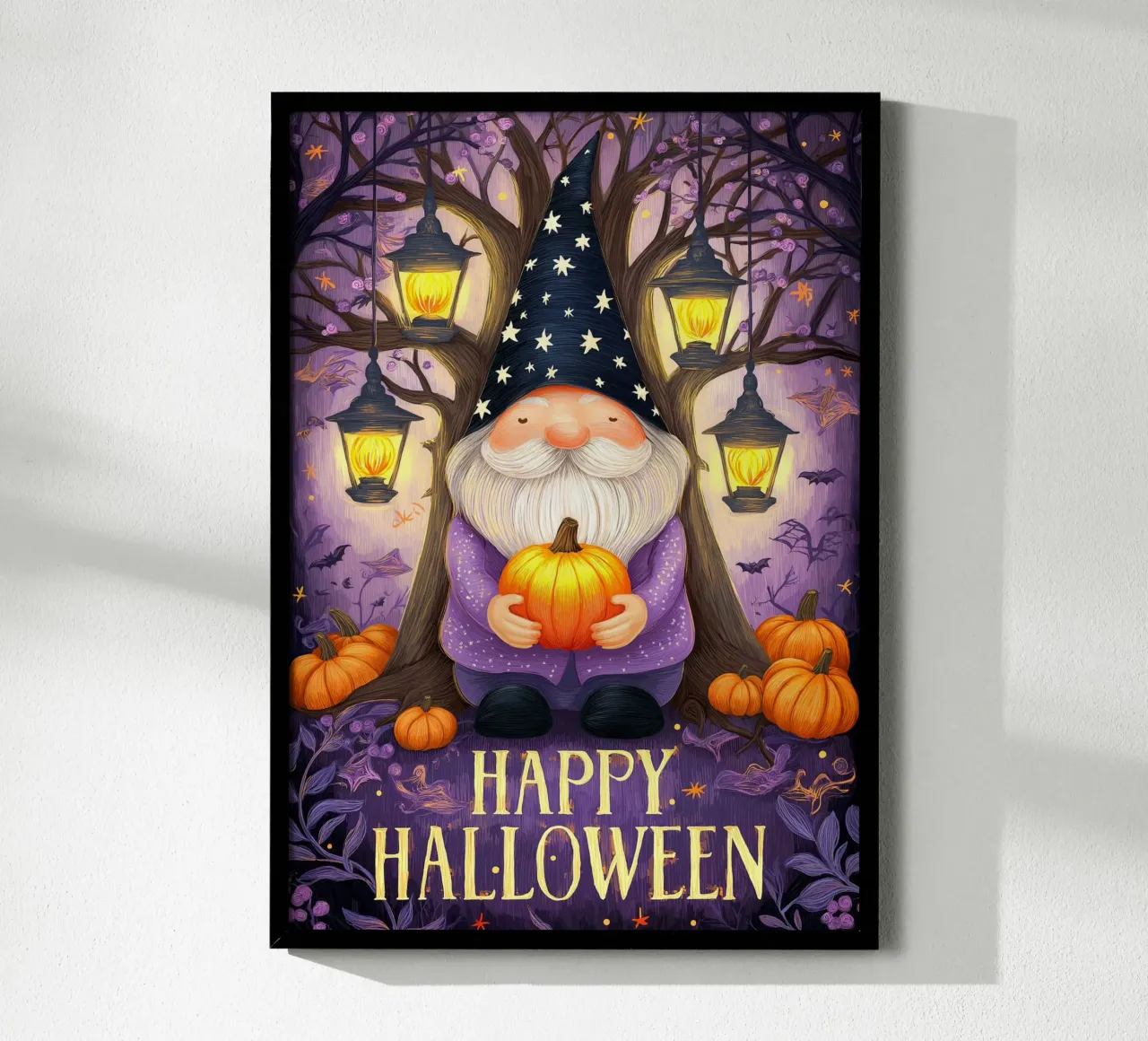 Gnomo e zucca di Halloween poster con telaio in legno da Fleur de Lys