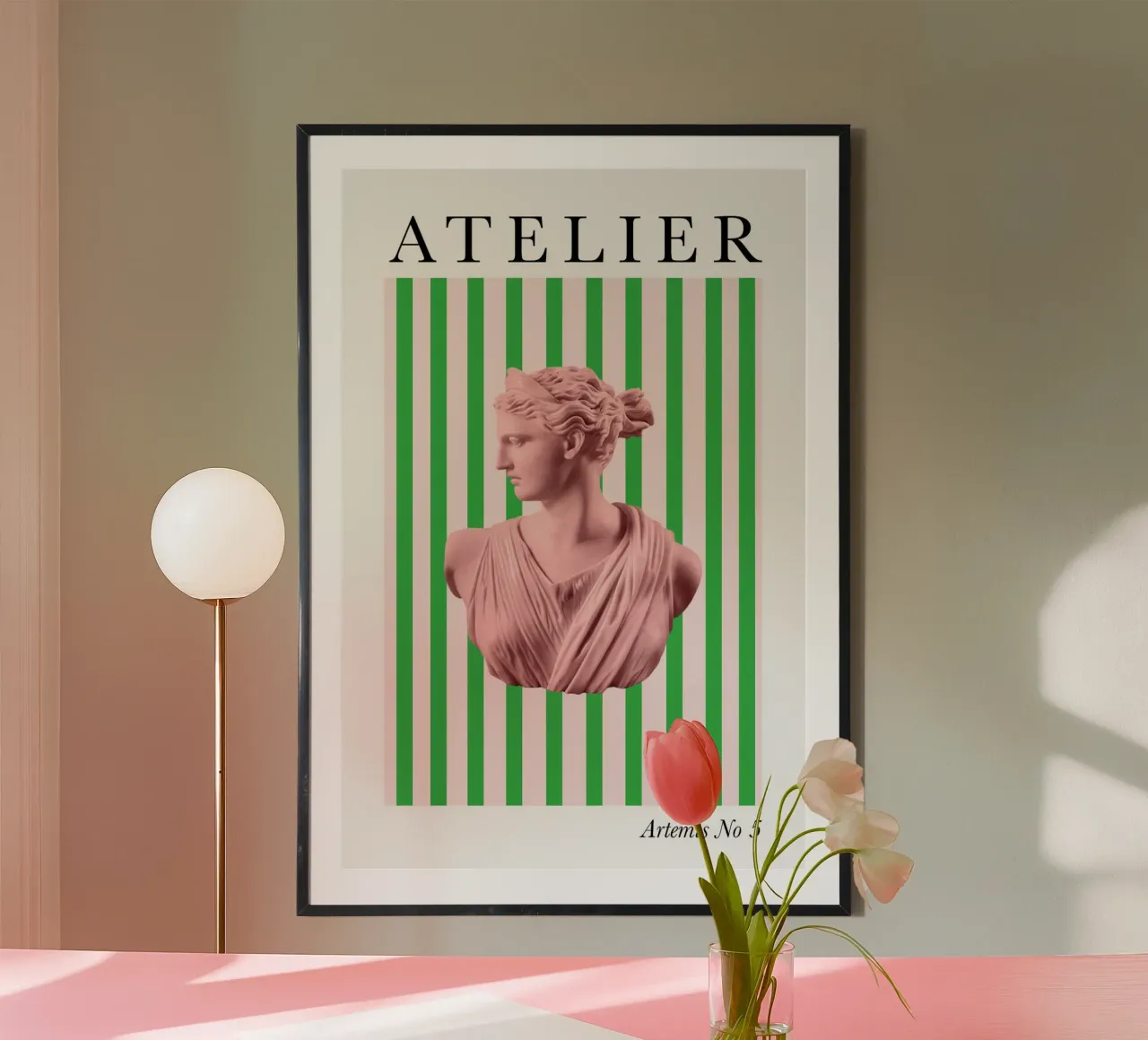 Pink and Greed Striped Goddess poster con telaio in plastica da GraceDigitalArtCo