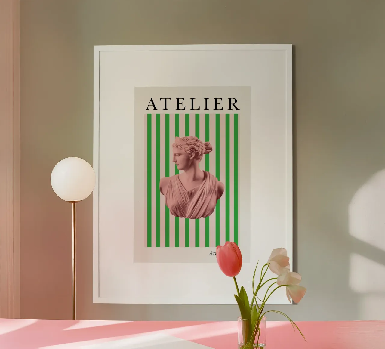 Pink and Greed Striped Goddess poster con telaio in plastica da GraceDigitalArtCo