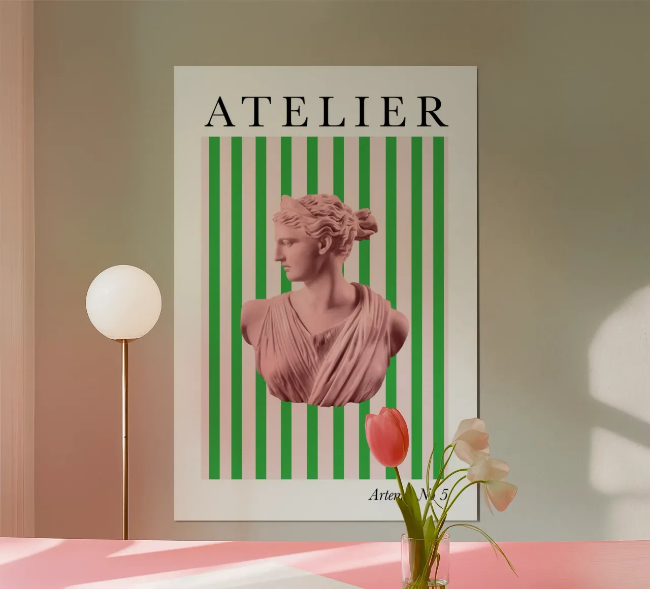 Pink and Greed Striped Goddess poster con telaio in plastica da GraceDigitalArtCo