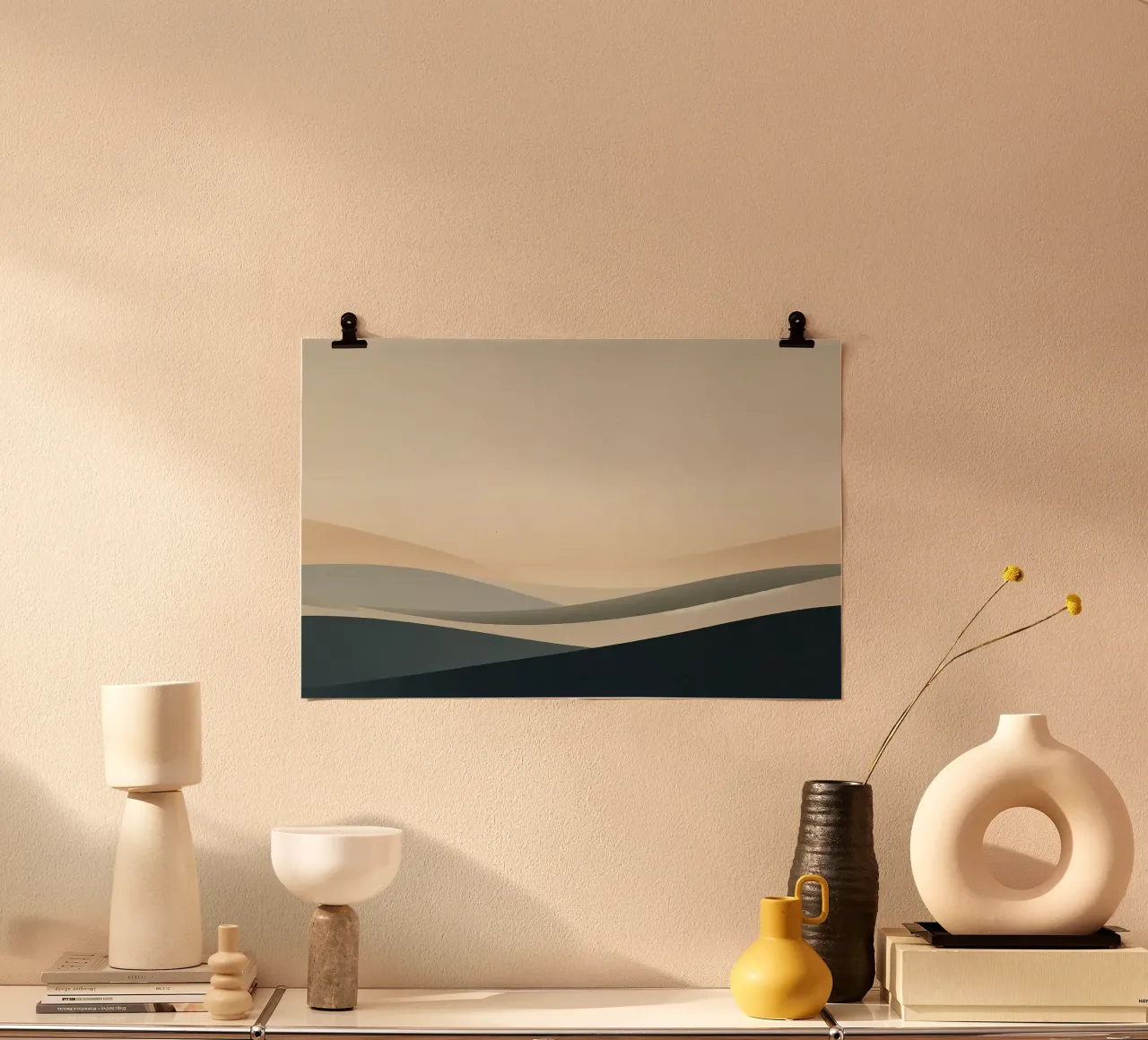 Dune pastello all'orizzonte poster con telaio in legno da Chromatic Fusion Studio