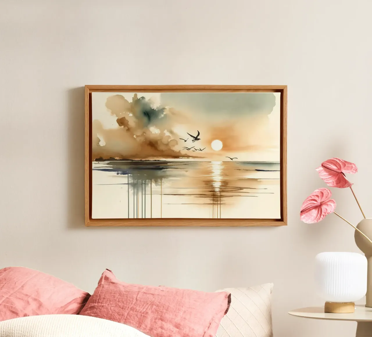 Sunset Seagull Serenity canvas with Floater frame by Chromatic Fusion Studio