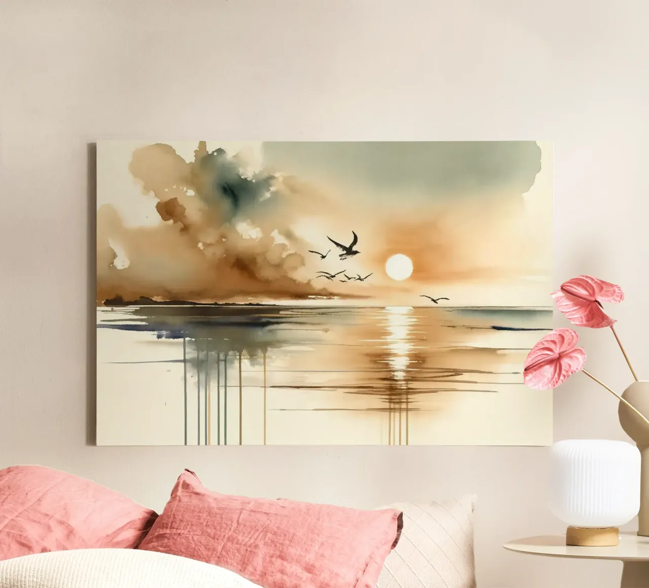 Sunset Seagull Serenity canvas with Floater frame by Chromatic Fusion Studio