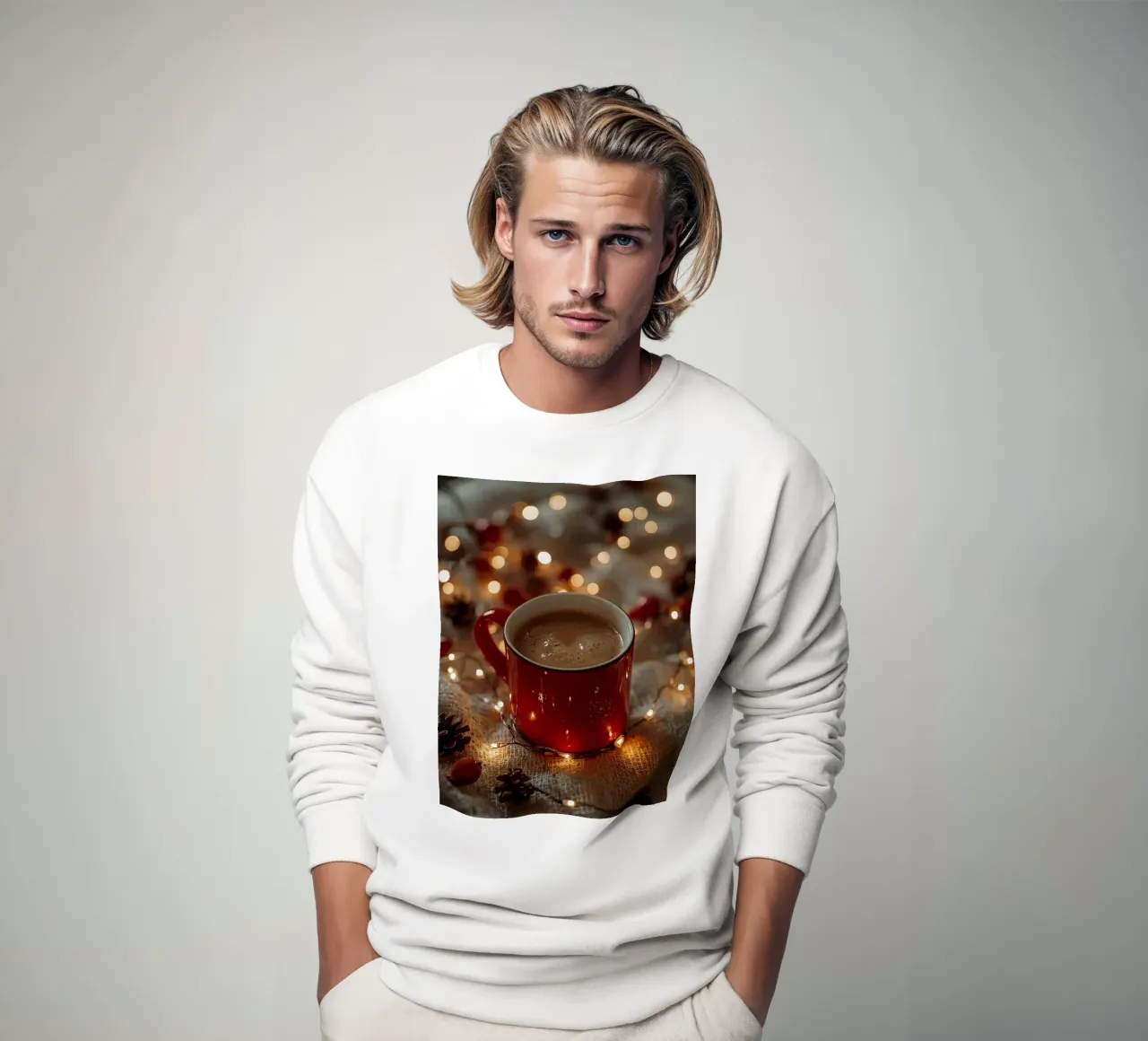 Tazza rossa con luci per cioccolata calda e pigne felpa da DesignDoodle