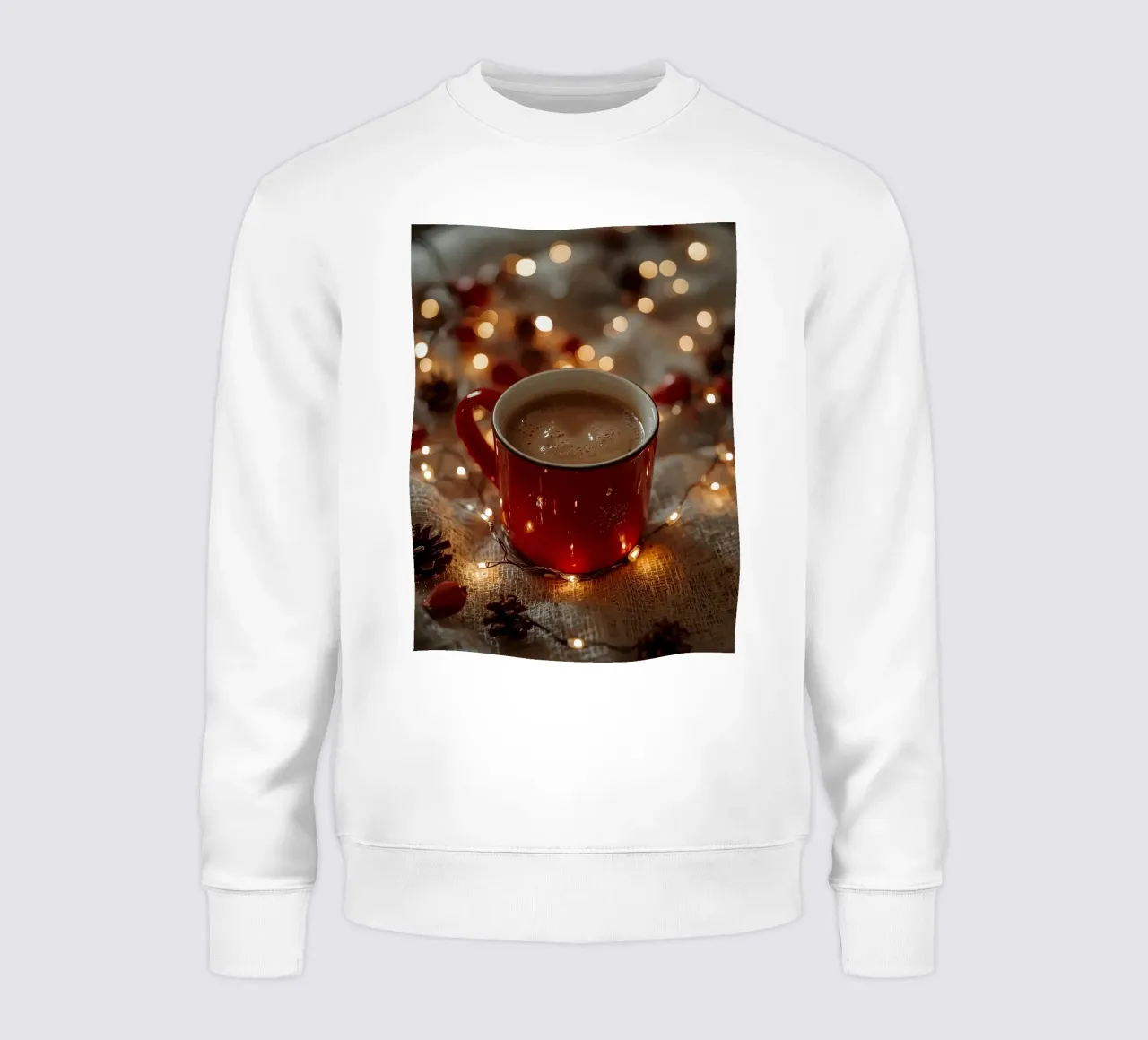 Tazza rossa con luci per cioccolata calda e pigne felpa da DesignDoodle