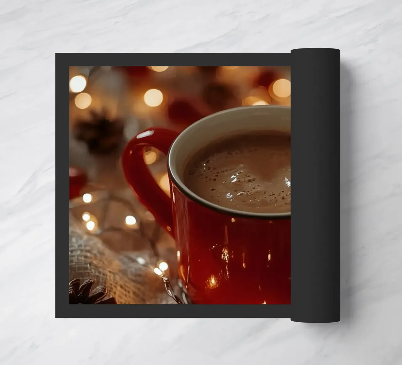 Tazza rossa con luci per cioccolata calda e pigne zerbino da DesignDoodle
