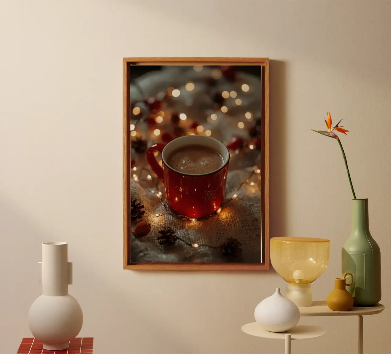 Red Mug with Hot Chocolate Lights and Pinecones canvas with Floater frame by DesignDoodle