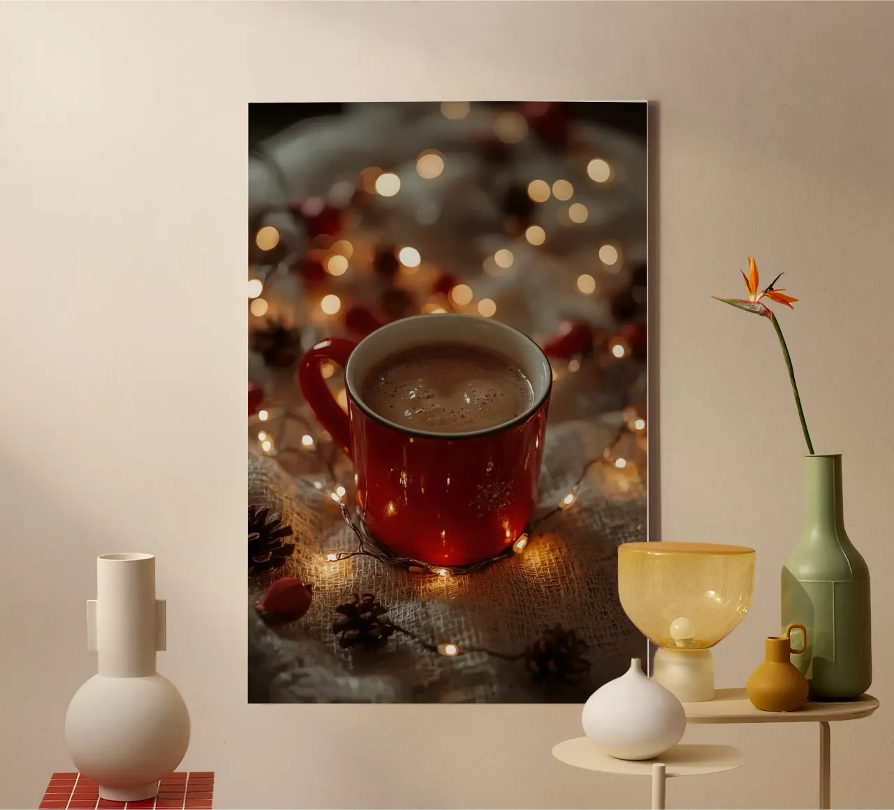Red Mug with Hot Chocolate Lights and Pinecones canvas with Floater frame by DesignDoodle