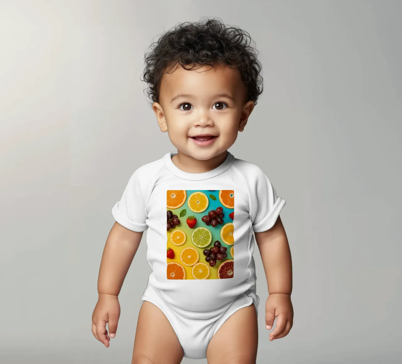 Aufgeschnittenes Obst Sortiment auf Gradient Hintergrund Kurzarm Babybody von DesignDoodle