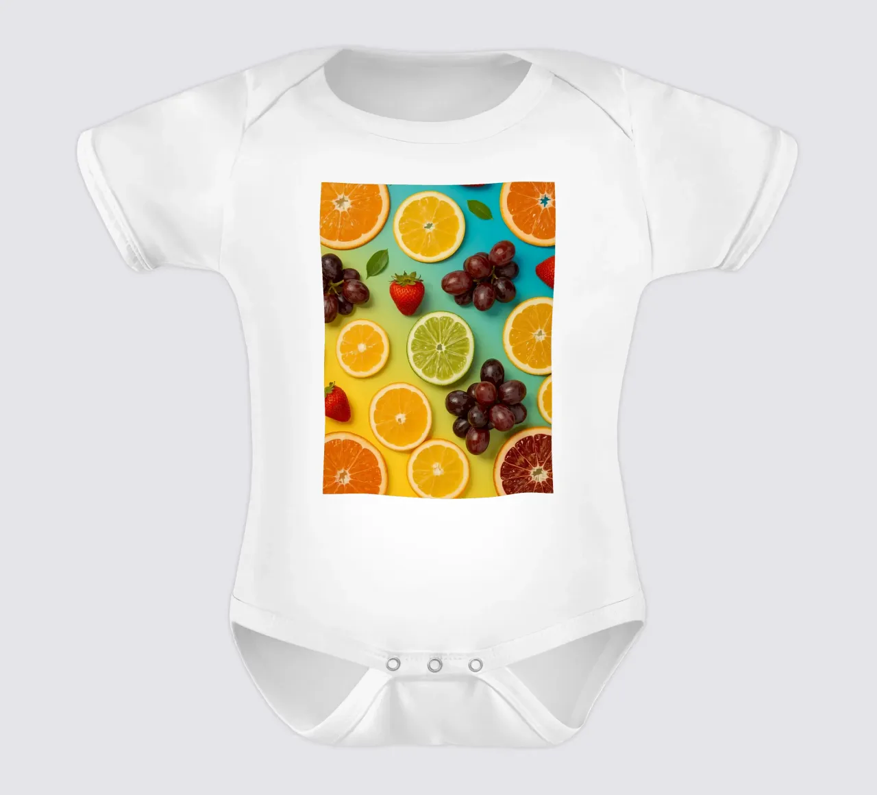 Aufgeschnittenes Obst Sortiment auf Gradient Hintergrund Kurzarm Babybody von DesignDoodle