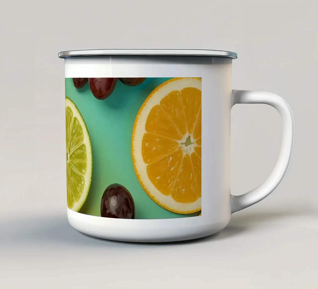 Aufgeschnittenes Obst Sortiment auf Gradient Hintergrund Emaille Tasse von DesignDoodle
