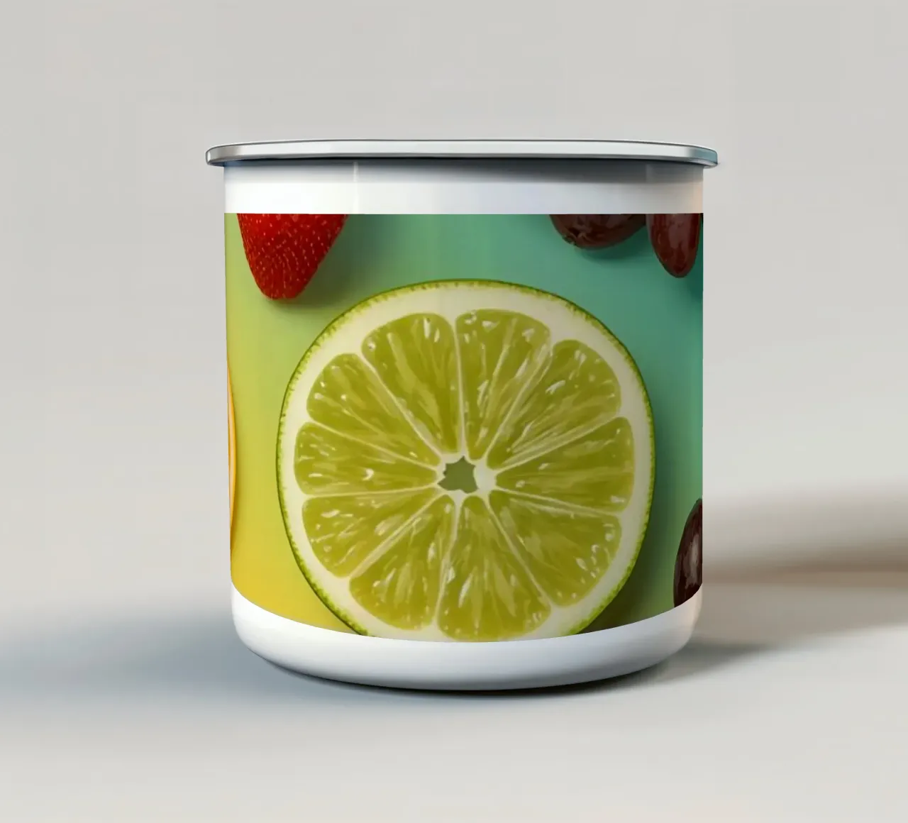 Aufgeschnittenes Obst Sortiment auf Gradient Hintergrund Emaille Tasse von DesignDoodle
