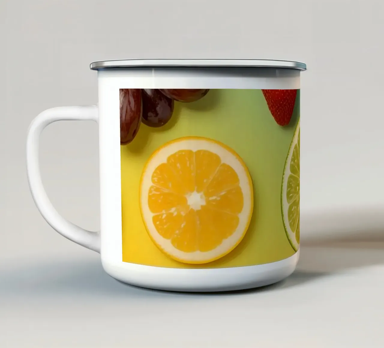 Aufgeschnittenes Obst Sortiment auf Gradient Hintergrund Emaille Tasse von DesignDoodle