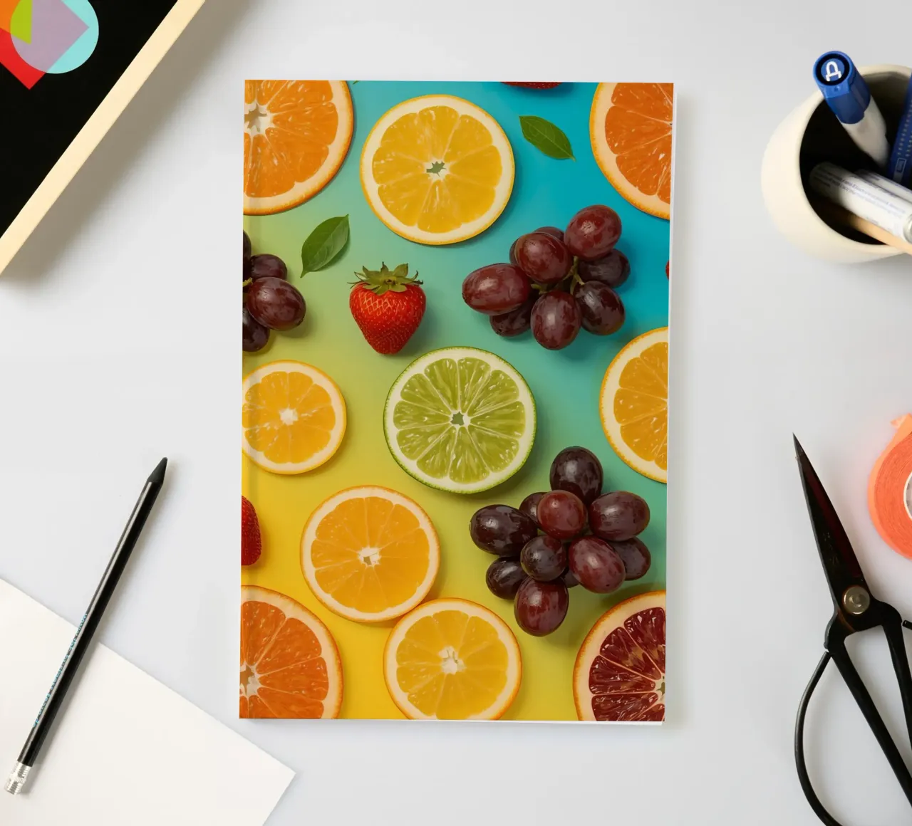 Sliced Fruit Assortment on Gradient Background notebook by DesignDoodle