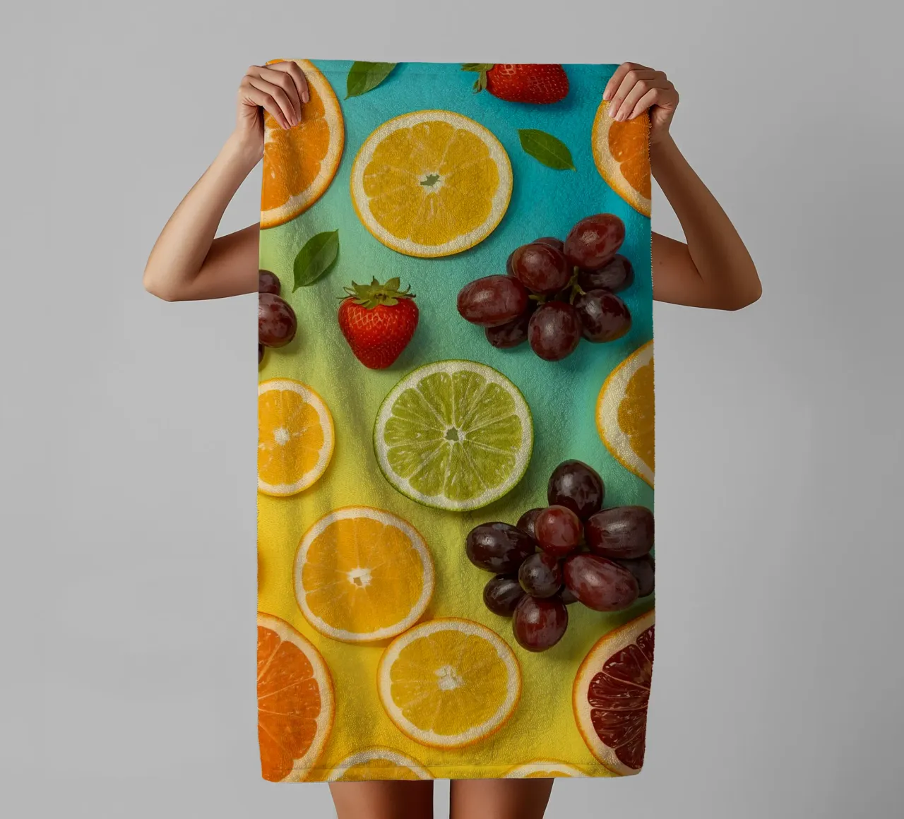 Sliced Fruit Assortment on Gradient Background towel by DesignDoodle