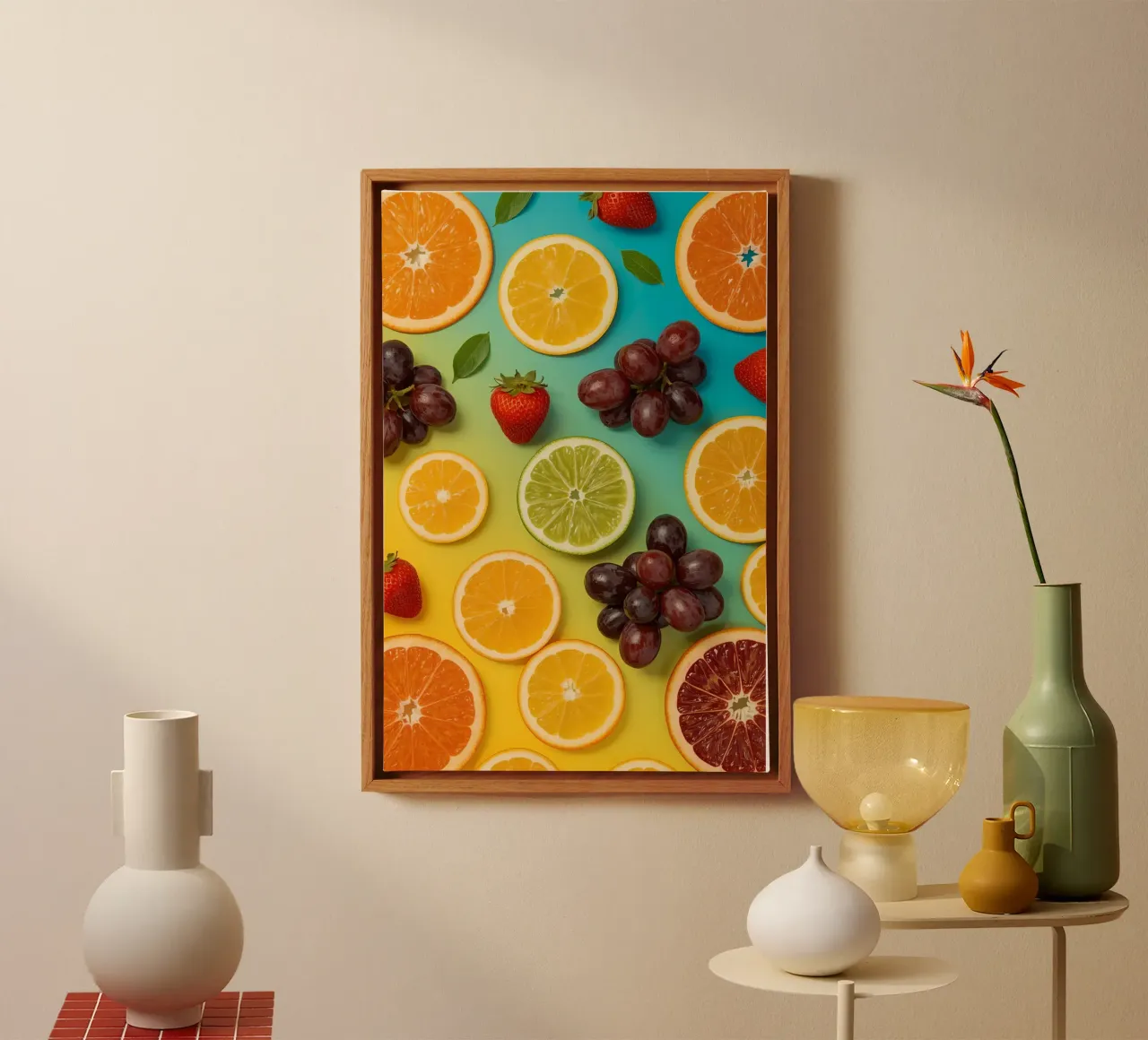 Sliced Fruit Assortment on Gradient Background canvas with Floater frame by DesignDoodle