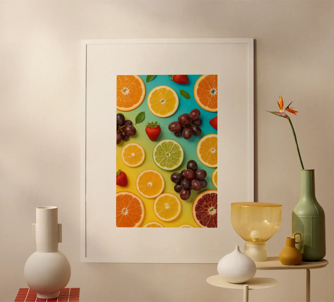Assortimento di frutta a fette su sfondo sfumato poster con telaio in alluminio da DesignDoodle