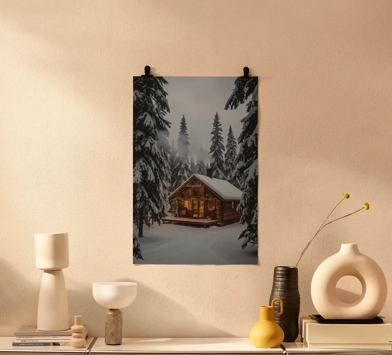 Cabane enneigée dans la forêt avec des lumières de Noël poster avec cadre en plastique de DesignDoodle