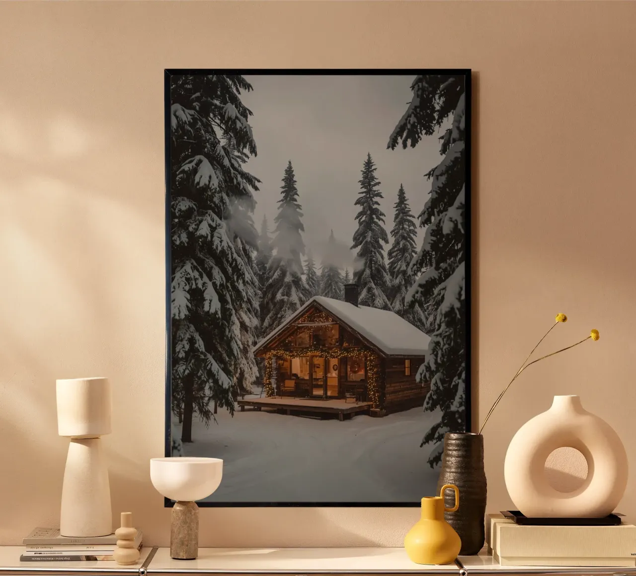 Cabane enneigée dans la forêt avec des lumières de Noël poster avec cadre en plastique de DesignDoodle
