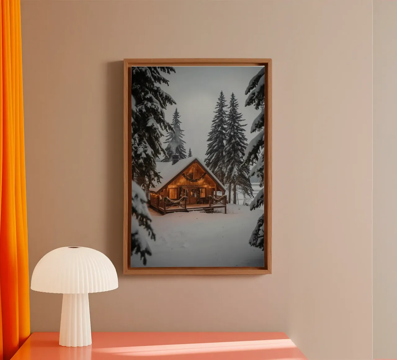 Snow-Covered Cabin with Decorations and Pine Trees canvas with Floater frame by DesignDoodle