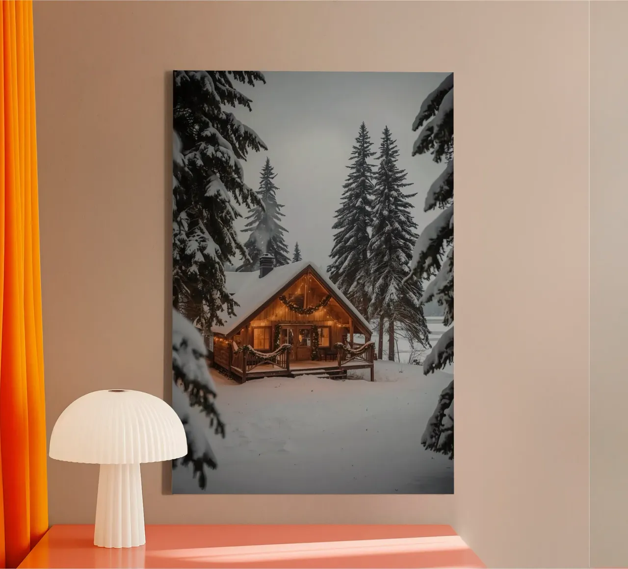 Snow-Covered Cabin with Decorations and Pine Trees canvas with Floater frame by DesignDoodle