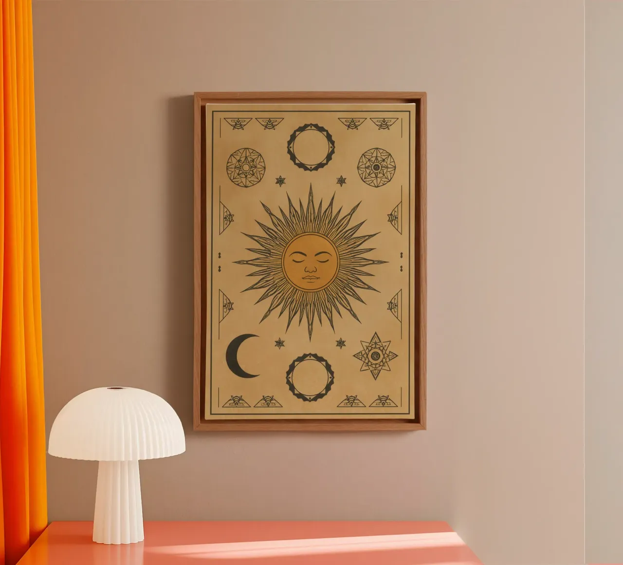 Sun With Face Crescent Moon and Geometric Symbols on Beige canvas with Floater frame by DesignDoodle