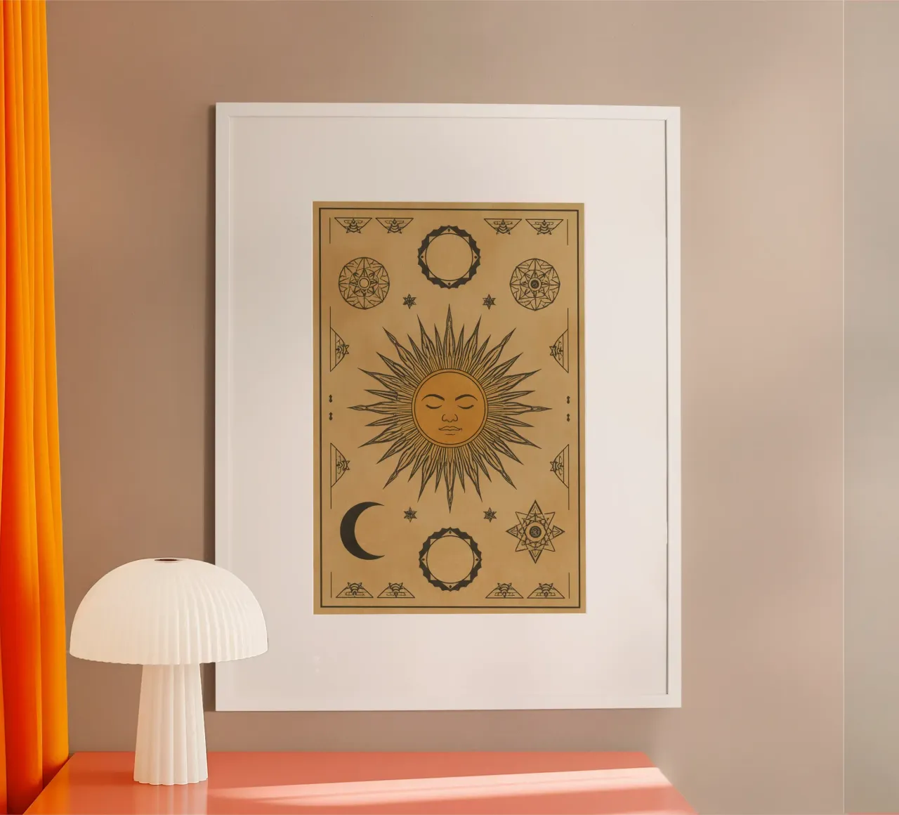 Sun With Face Crescent Moon and Geometric Symbols on Beige poster with wooden frame by DesignDoodle
