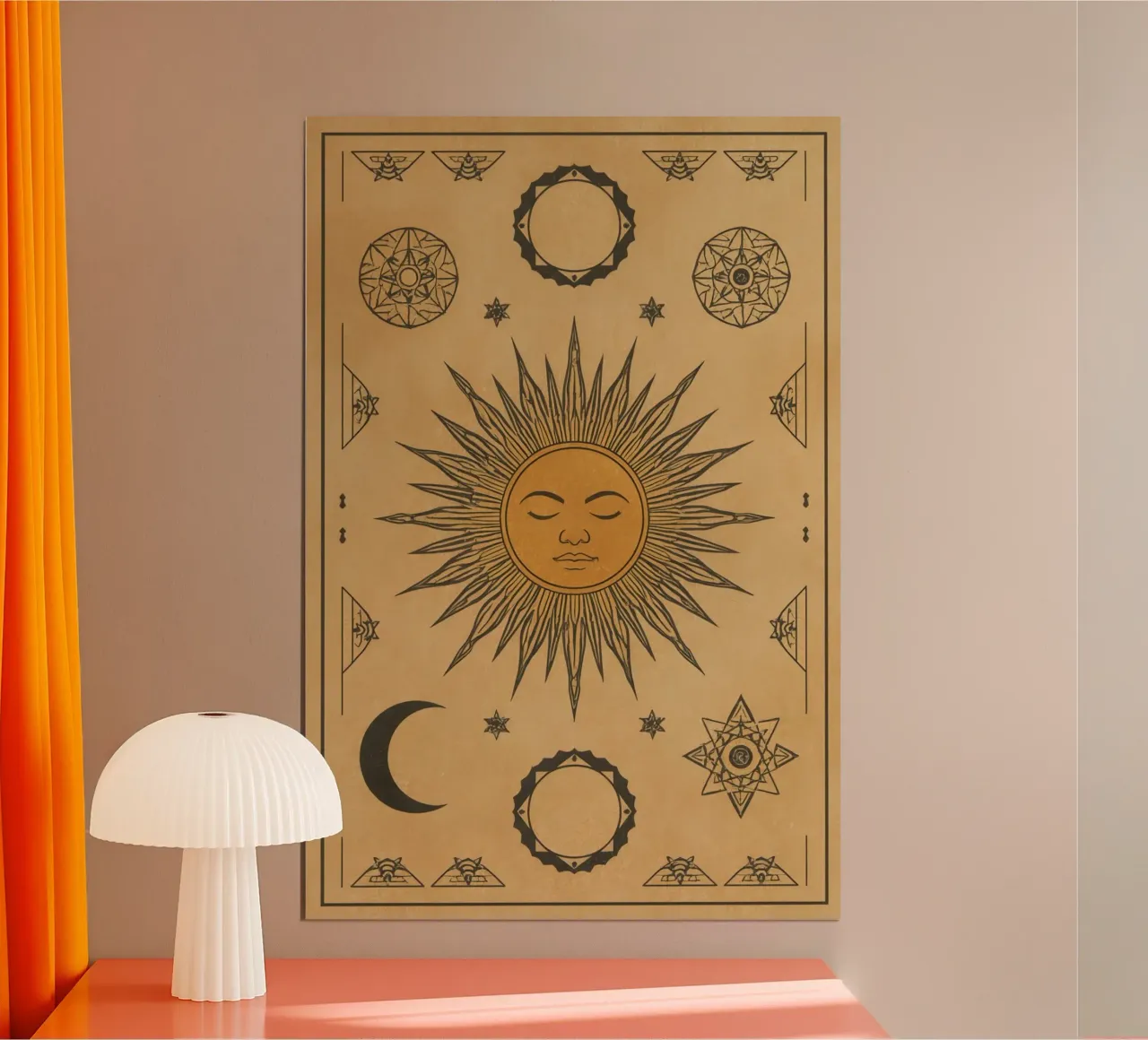 Sun With Face Crescent Moon and Geometric Symbols on Beige poster with wooden frame by DesignDoodle