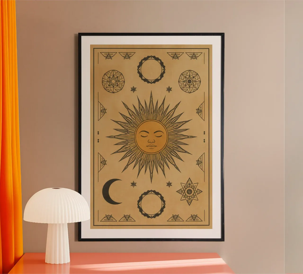 Sun With Face Crescent Moon and Geometric Symbols on Beige poster with wooden frame by DesignDoodle