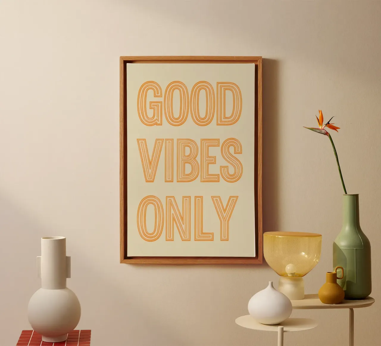 Grafica Good Vibes solo in arancione tela con Cornice a cassetta da DesignDoodle